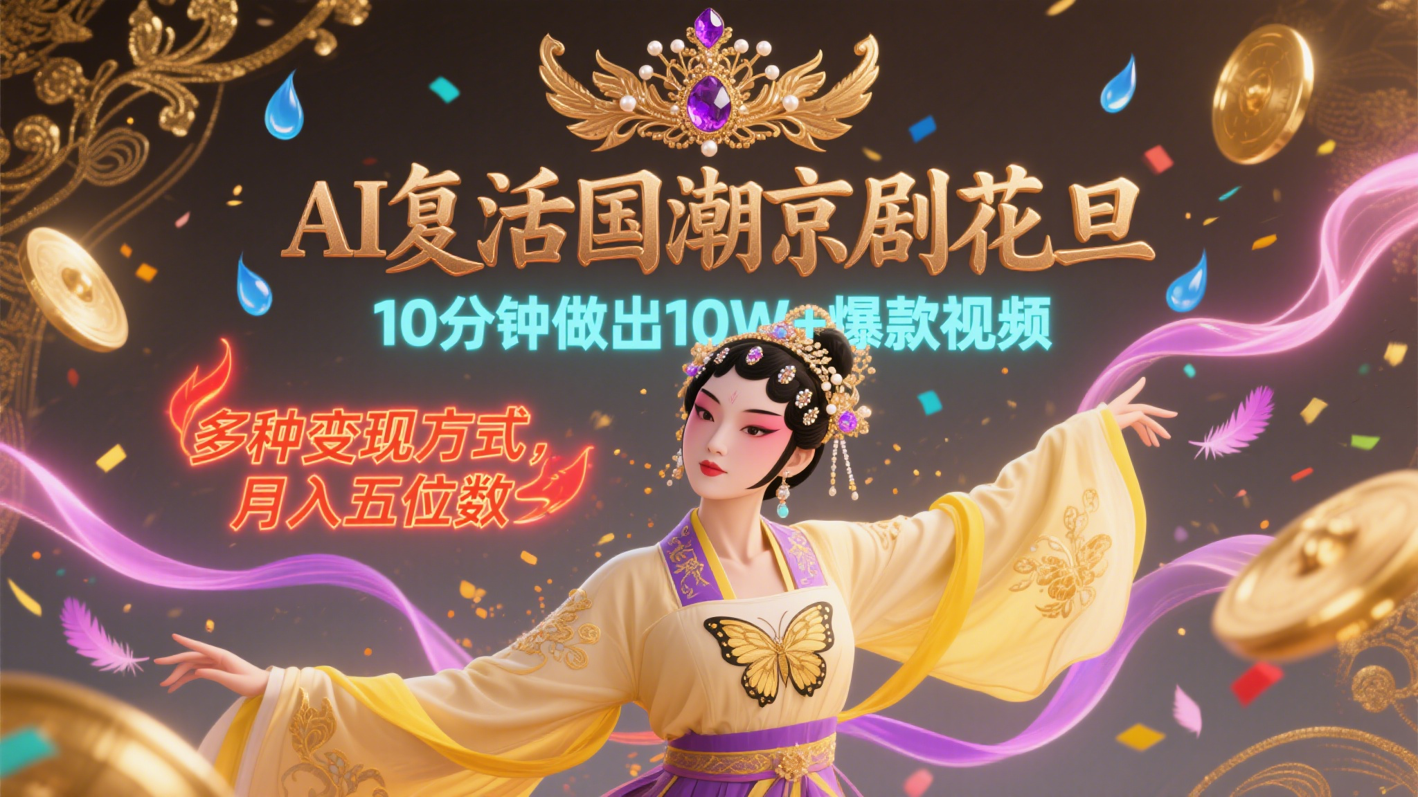 AI复活国潮京剧花旦，一颦一笑美到窒息，10分钟做出10W+爆款视频，多种变现方式，月入五位数